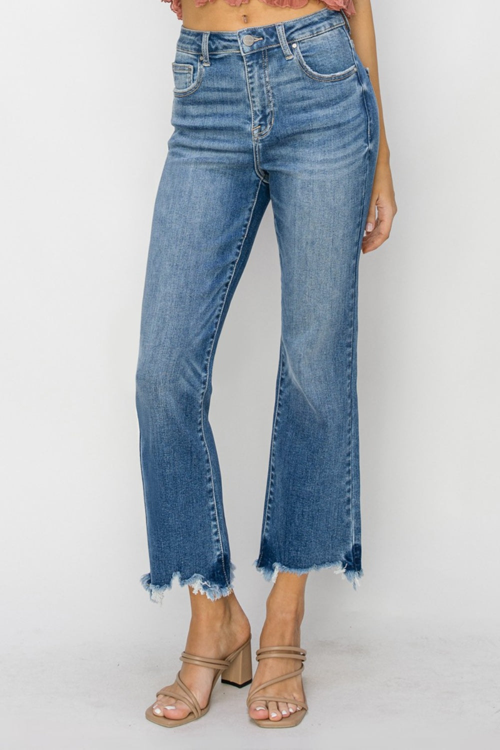 RISEN High Waist Raw Hem Flare Jeans - The Boutie Shop