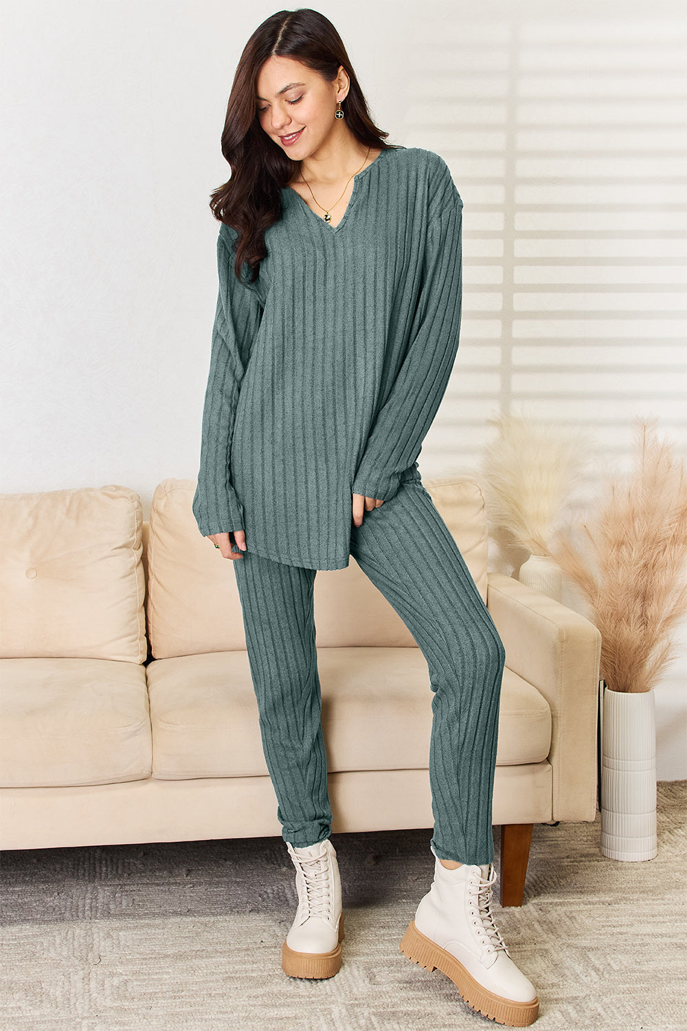 Basic Bae Full Size Notched Long Sleeve Top and Pants Set - The Boutie Shop