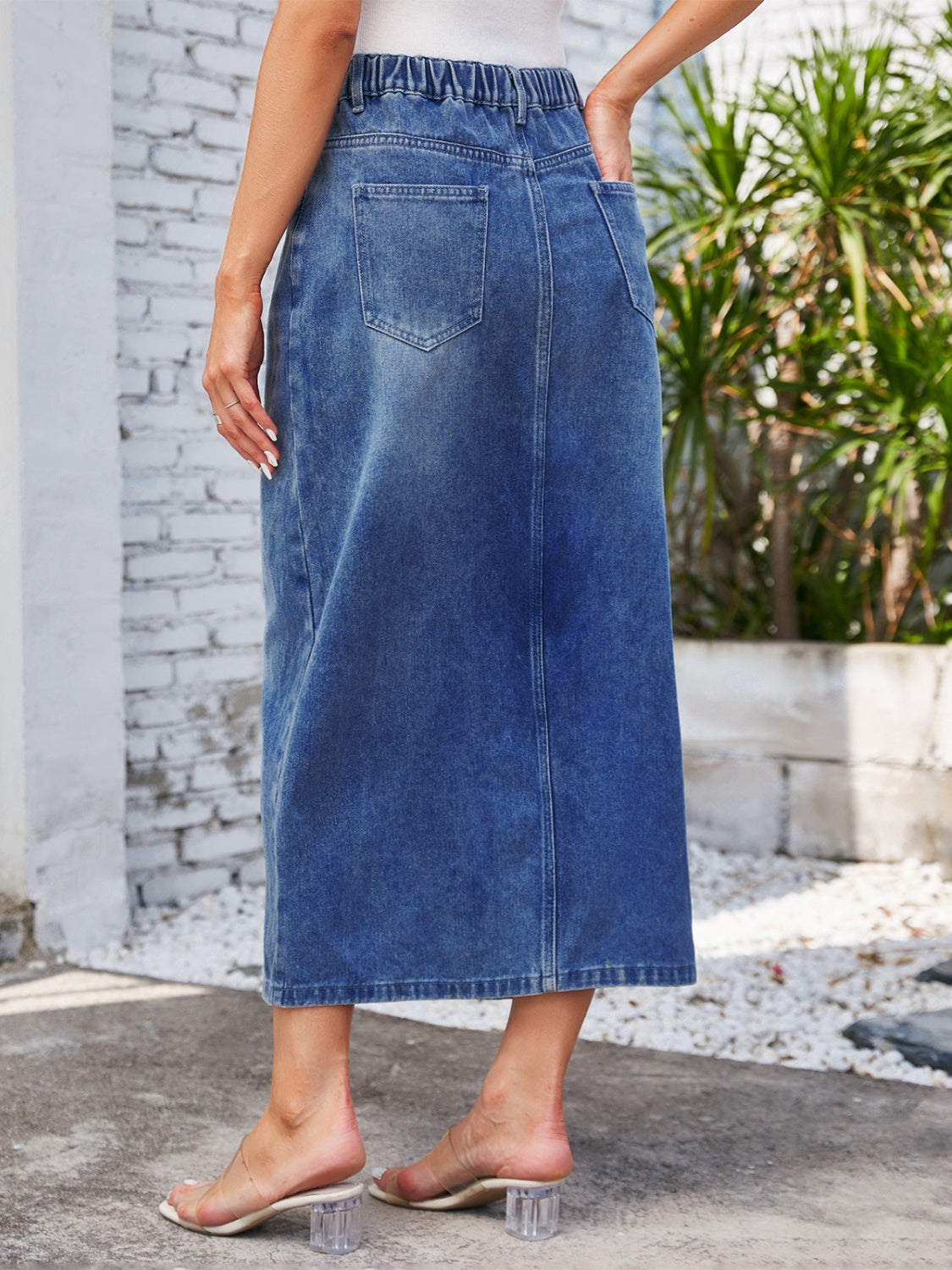 Slit Midi Denim Skirt with Pockets - The Boutie Shop