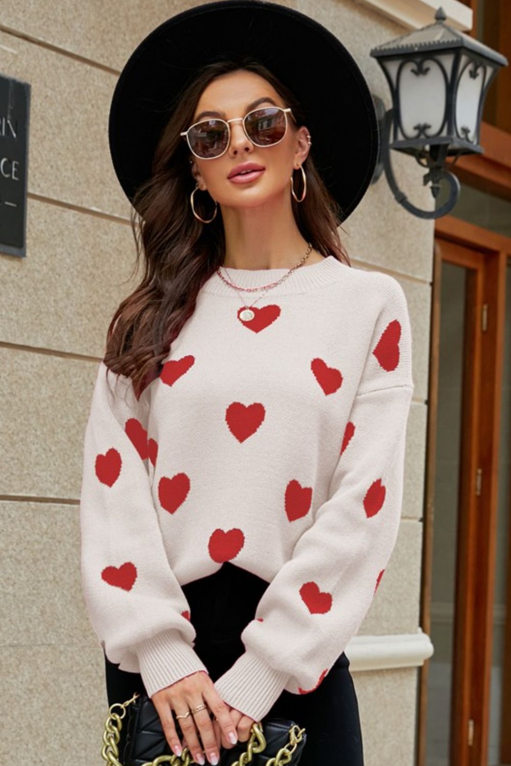 Woven Right Heart Pattern Lantern Sleeve Round Neck Tunic Sweater - The Boutie Shop