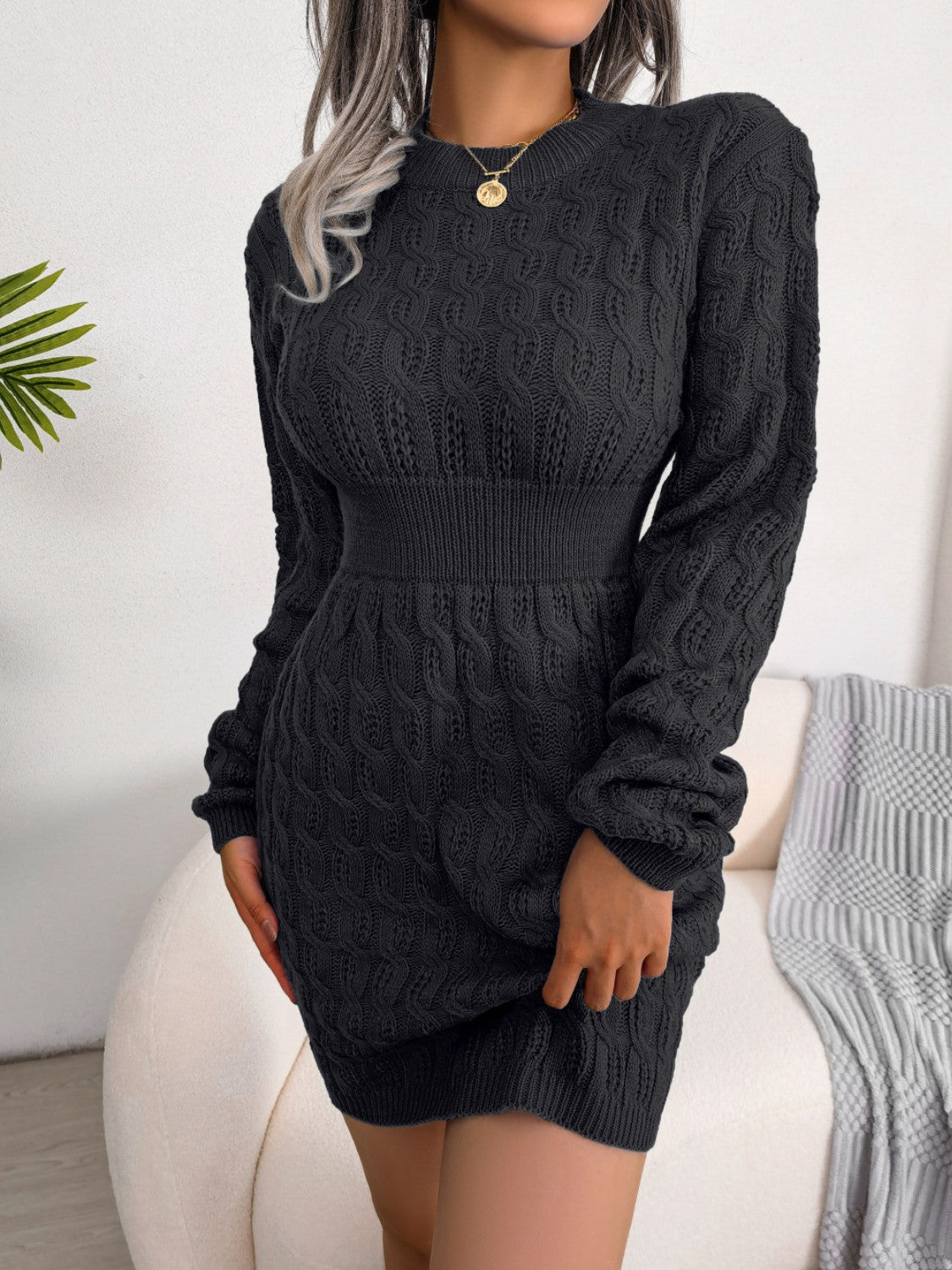 Cable-Knit Round Neck Mini Wrap Sweater Dress - The Boutie Shop