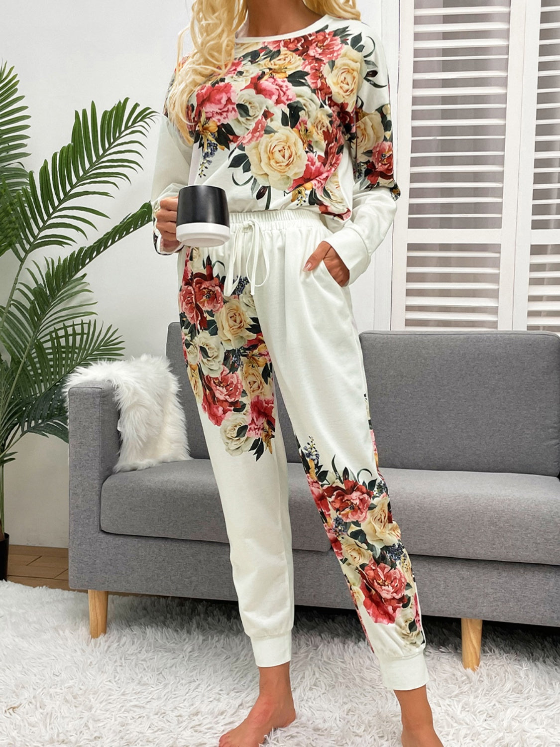 Shiny Printed Round Neck Top and Pants Lounge Set - The Boutie Shop