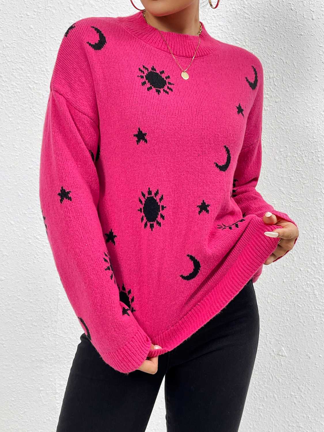 Patterned Drop Shoulder Sweater - The Boutie Shop