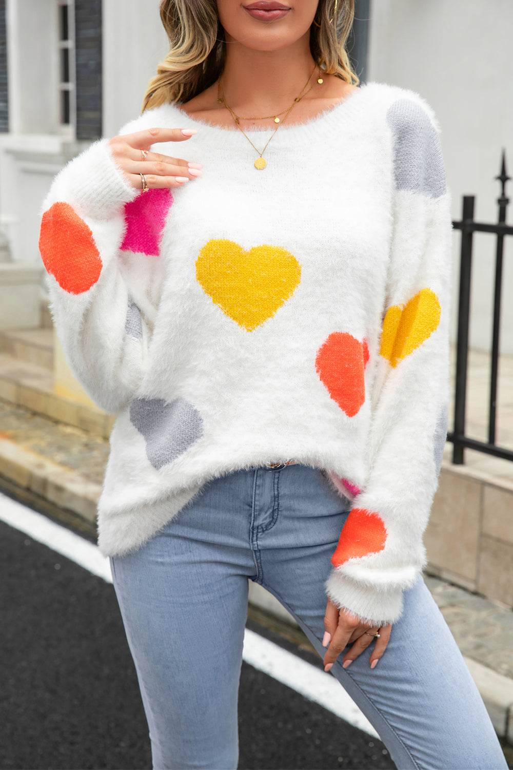 Angel Wings Heart Pattern Round Neck Long Sleeve Sweater - The Boutie Shop