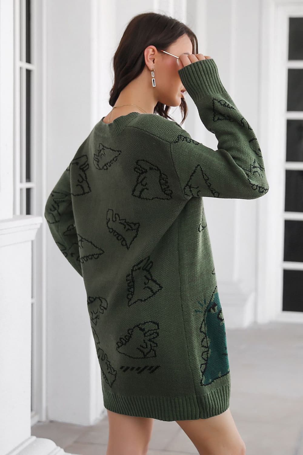 Dinosaur Pattern V-Neck Sweater Dress - The Boutie Shop