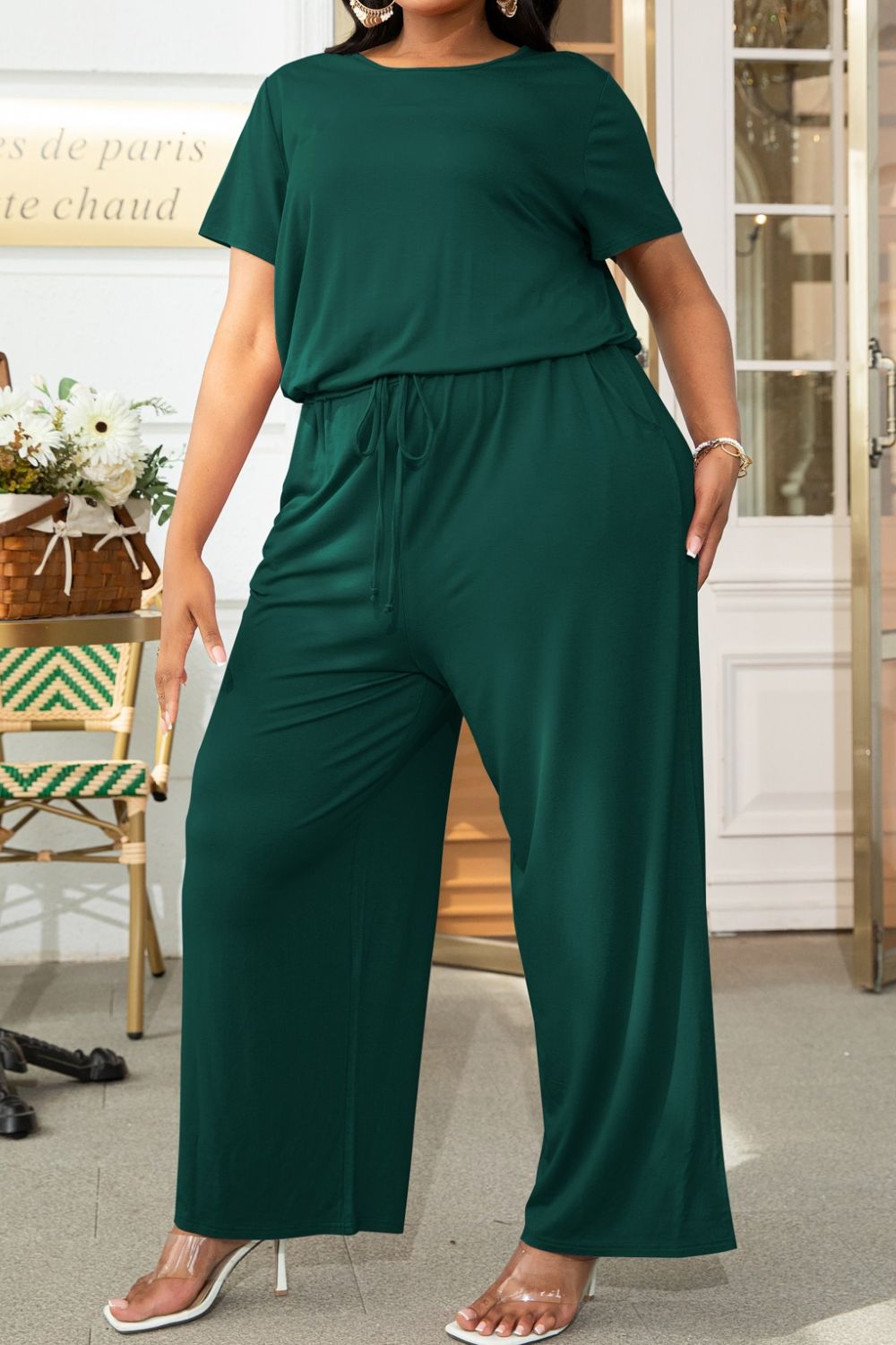 Plus Size Drawstring Waist Short Sleeve Jumpsuit - The Boutie Shop