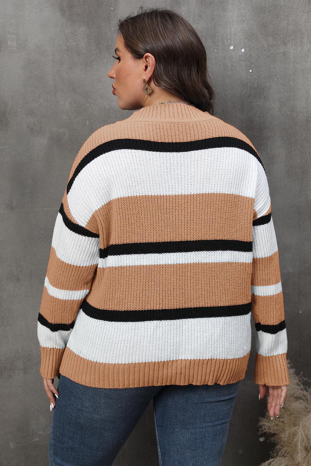 Plus Size Striped V-Neck Dropped Shoulder Sweater - The Boutie Shop