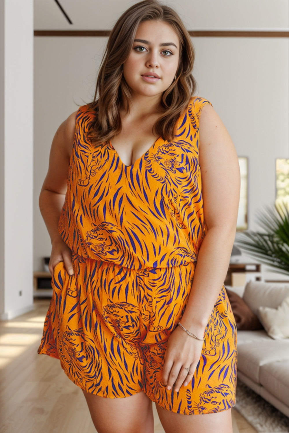 Plus Size Tiger Printed V-Neck Sleeveless Romper - The Boutie Shop