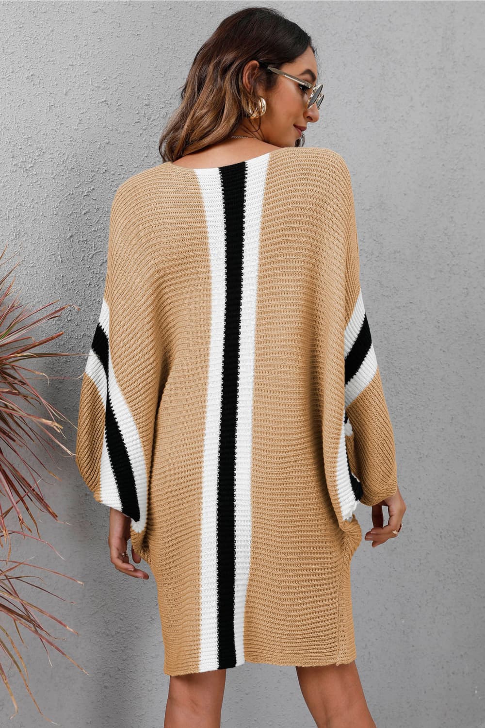 Ribbed Round Neck Long Sleeve Sweater Dress - The Boutie Shop