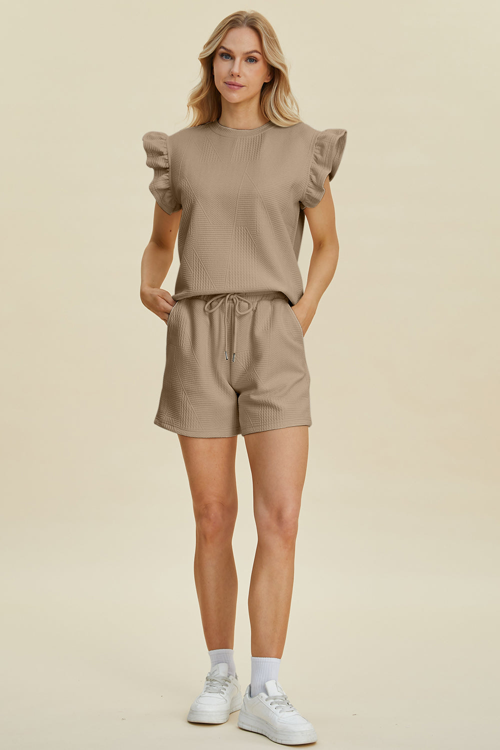 Double Take Full Size Texture Round Neck Ruffle Sleeve Top and Shorts Set - The Boutie Shop