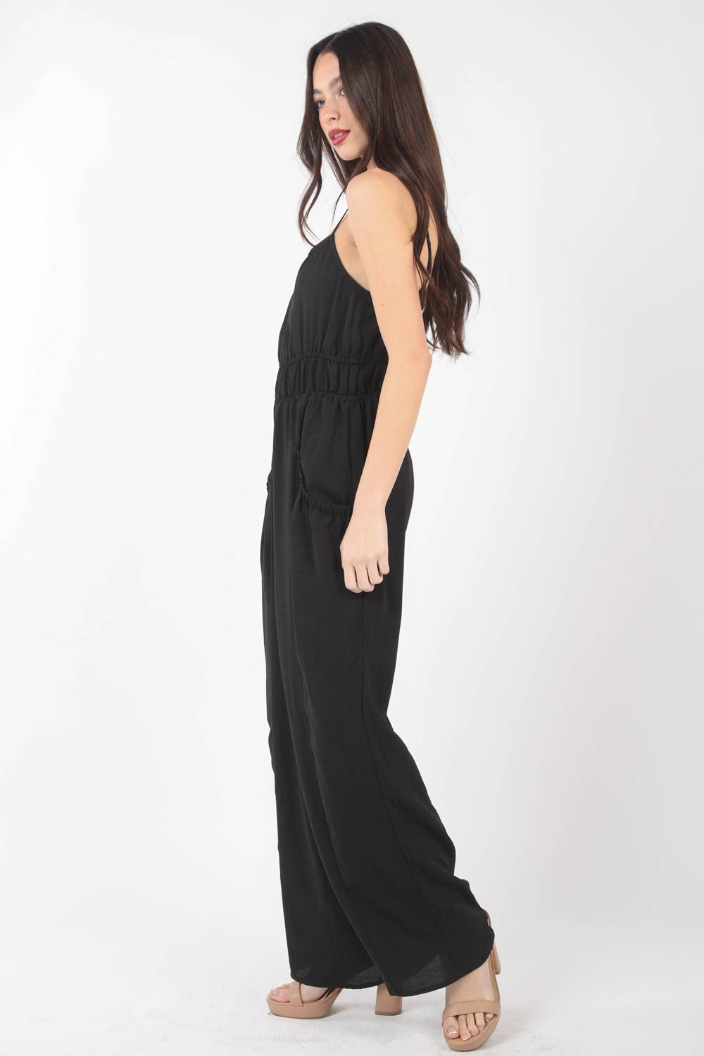 VERY J Pintuck Detail Woven Sleeveless Jumpsuit - The Boutie Shop