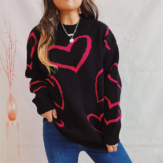 Heart Pattern Long Sleeve Sweater - The Boutie Shop