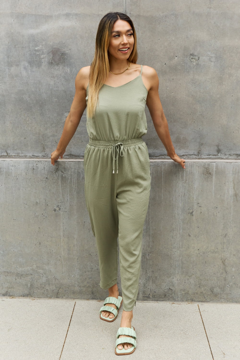 ODDI Full Size Textured Woven Jumpsuit in Sage - The Boutie Shop