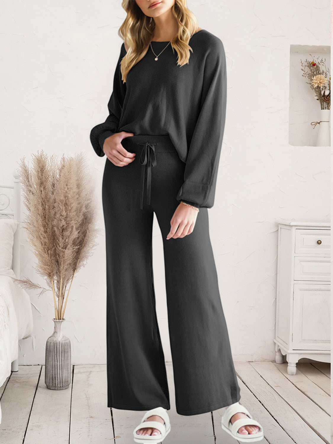 Long Sleeve Lounge Top and Drawstring Pants Set - The Boutie Shop