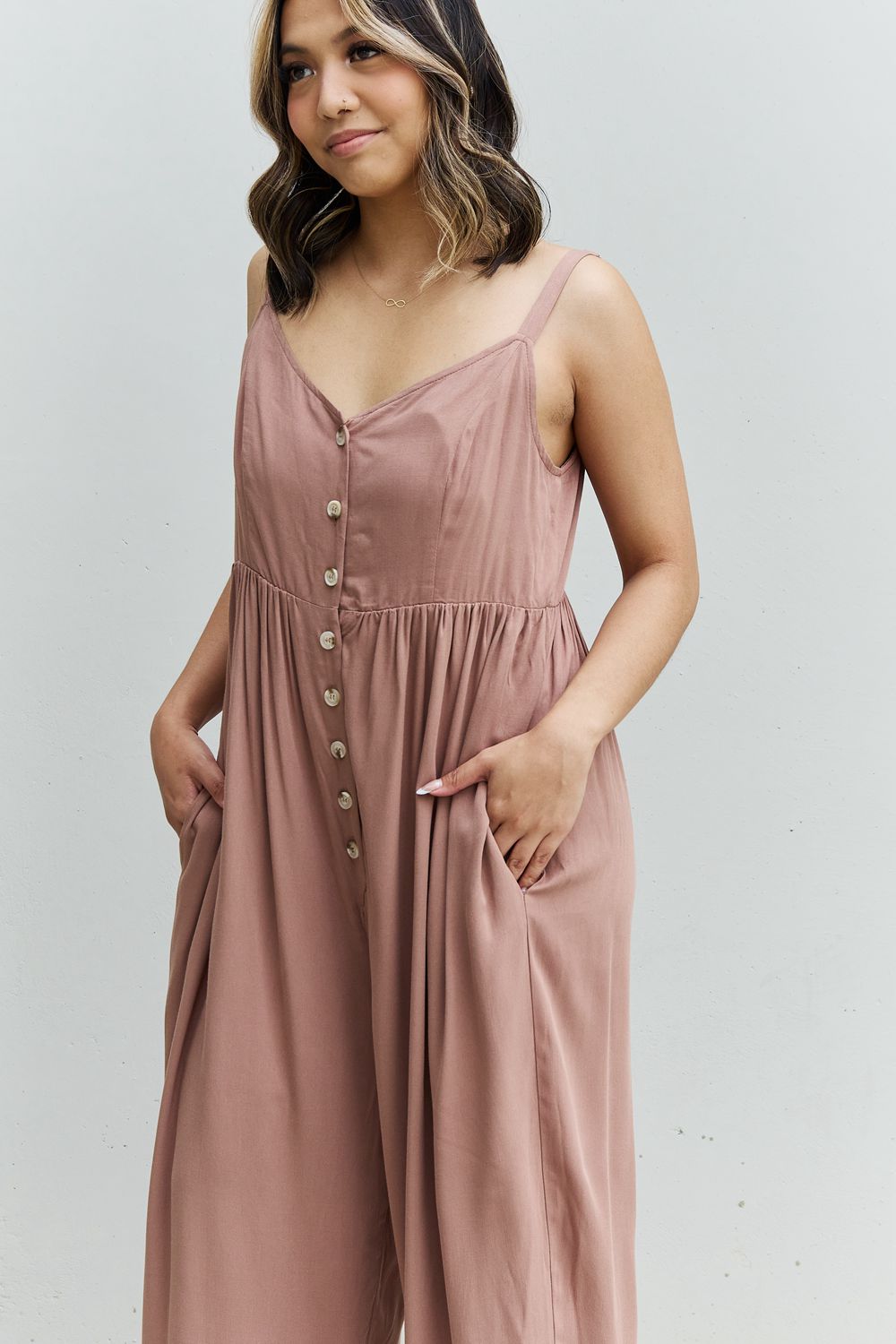 HEYSON All Day Full Size Wide Leg Button Down Jumpsuit in Mocha - The Boutie Shop