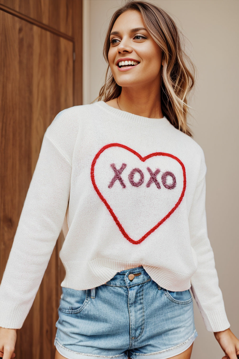 XOXO Heart Round Neck Dropped Shoulder Sweater - The Boutie Shop