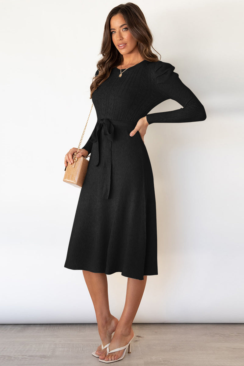 Round Neck Long Sleeve Tie Waist Sweater Dress - The Boutie Shop