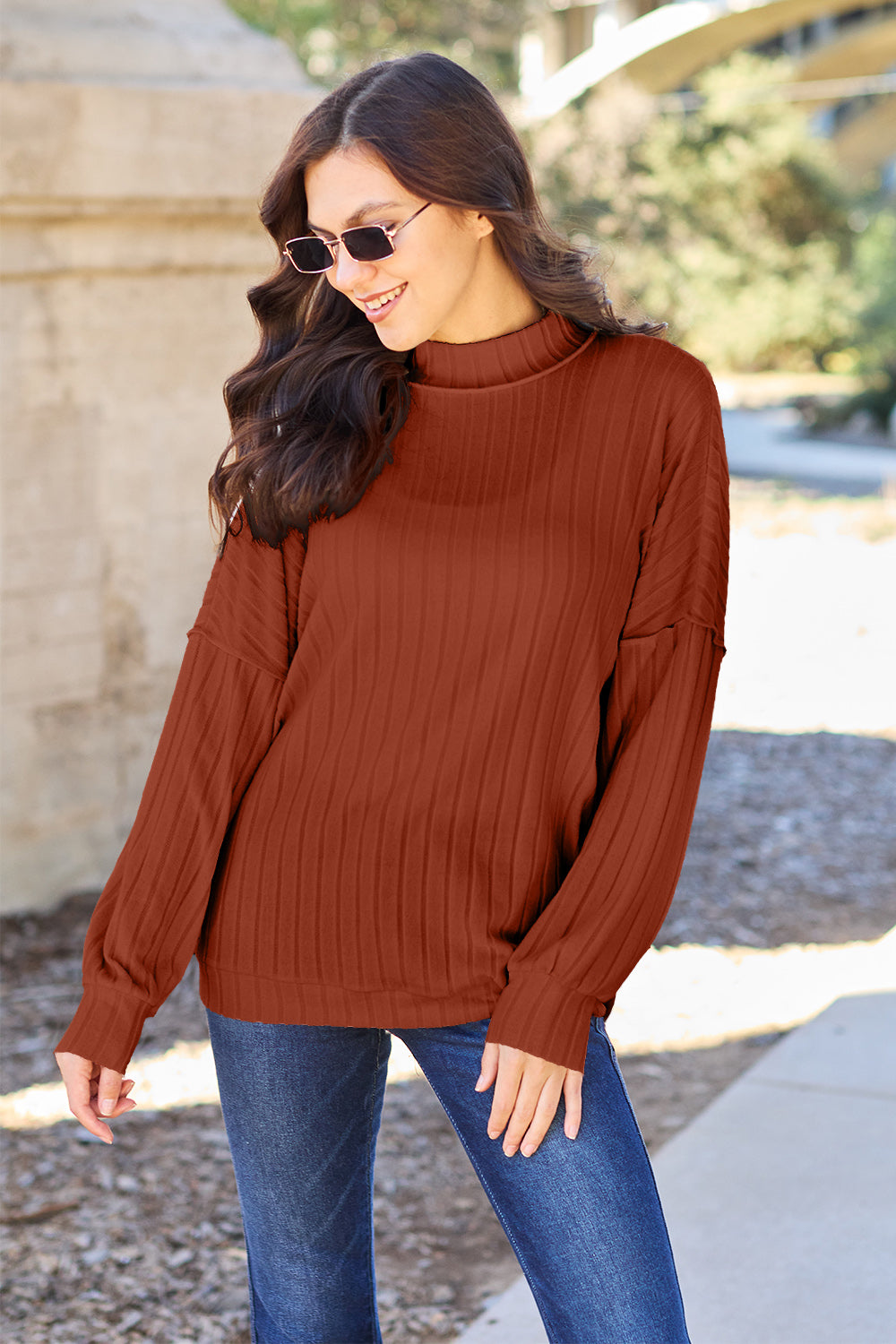 Basic Bae Full Size Ribbed Exposed Seam Mock Neck Knit Top - The Boutie Shop