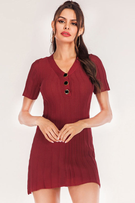 Buttoned Short Sleeve V-Neck Knit Dress - The Boutie Shop