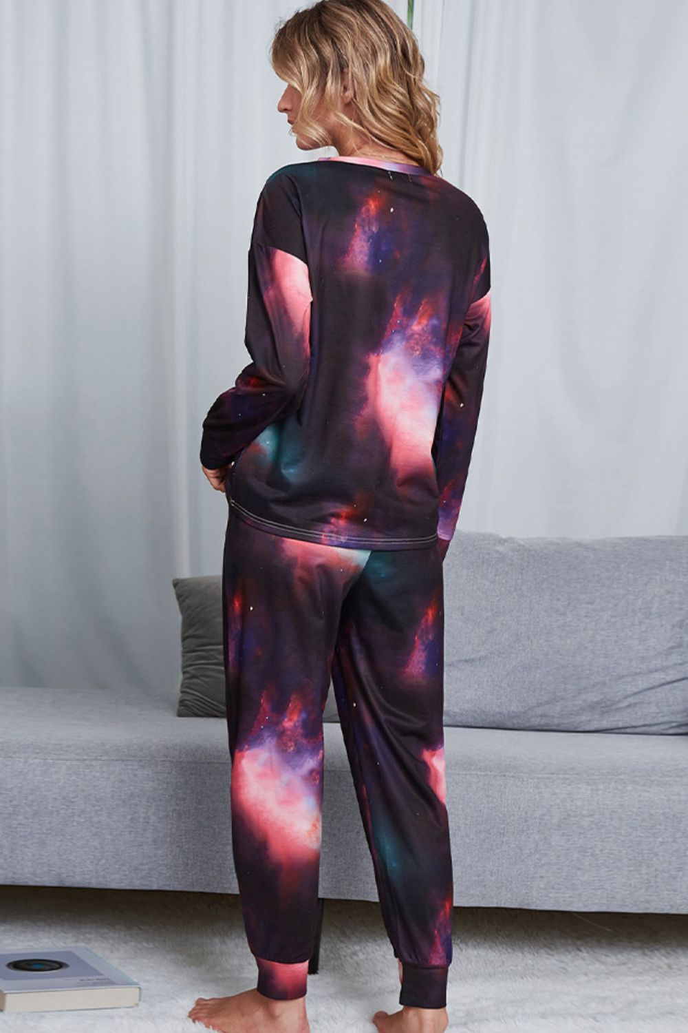 Shiny Tie-Dye Crewneck Top and Drawstring Waist Joggers Lounge Set - The Boutie Shop