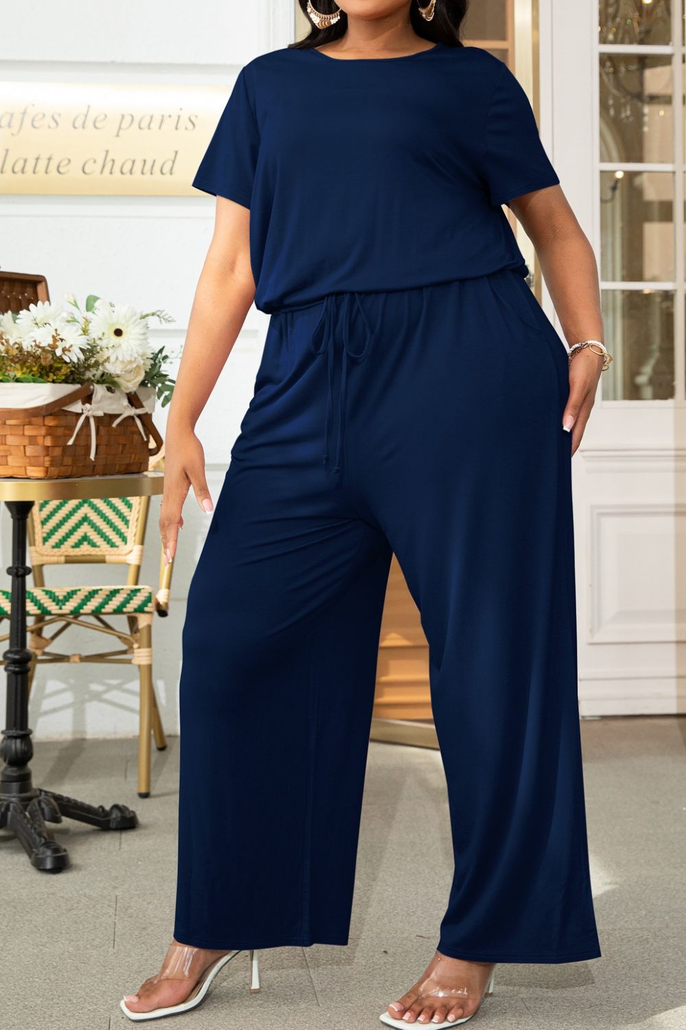 Plus Size Drawstring Waist Short Sleeve Jumpsuit - The Boutie Shop