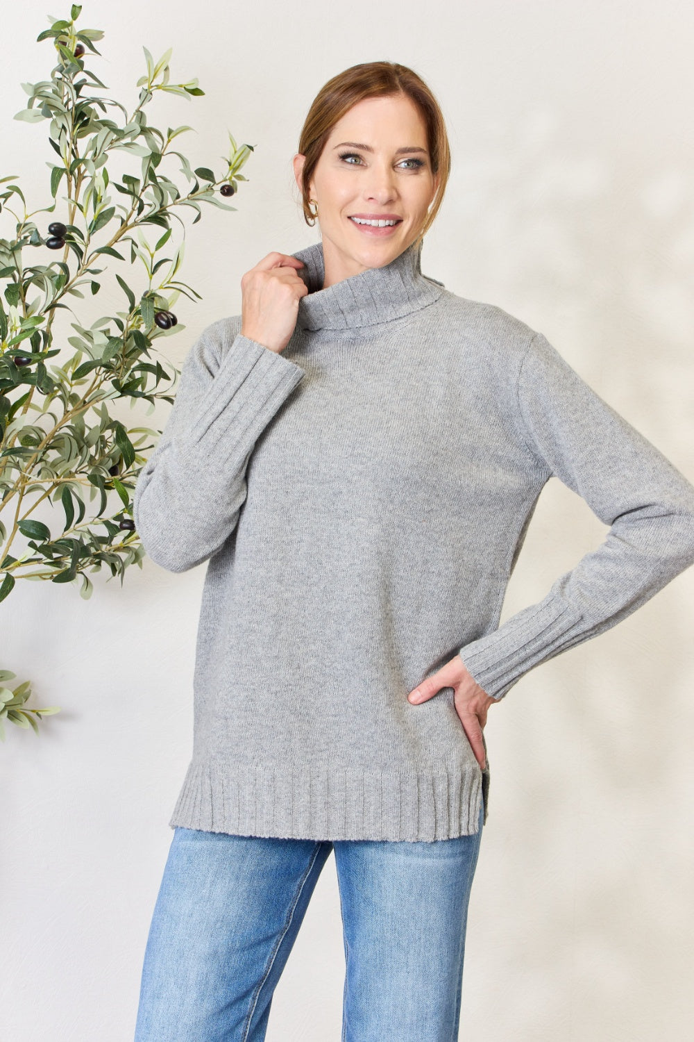 Heimish Full Size Turtleneck Long Sleeve Slit Sweater - The Boutie Shop