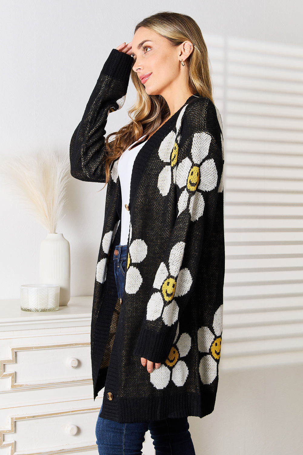 Perfee Floral Button Down Longline Cardigan - The Boutie Shop