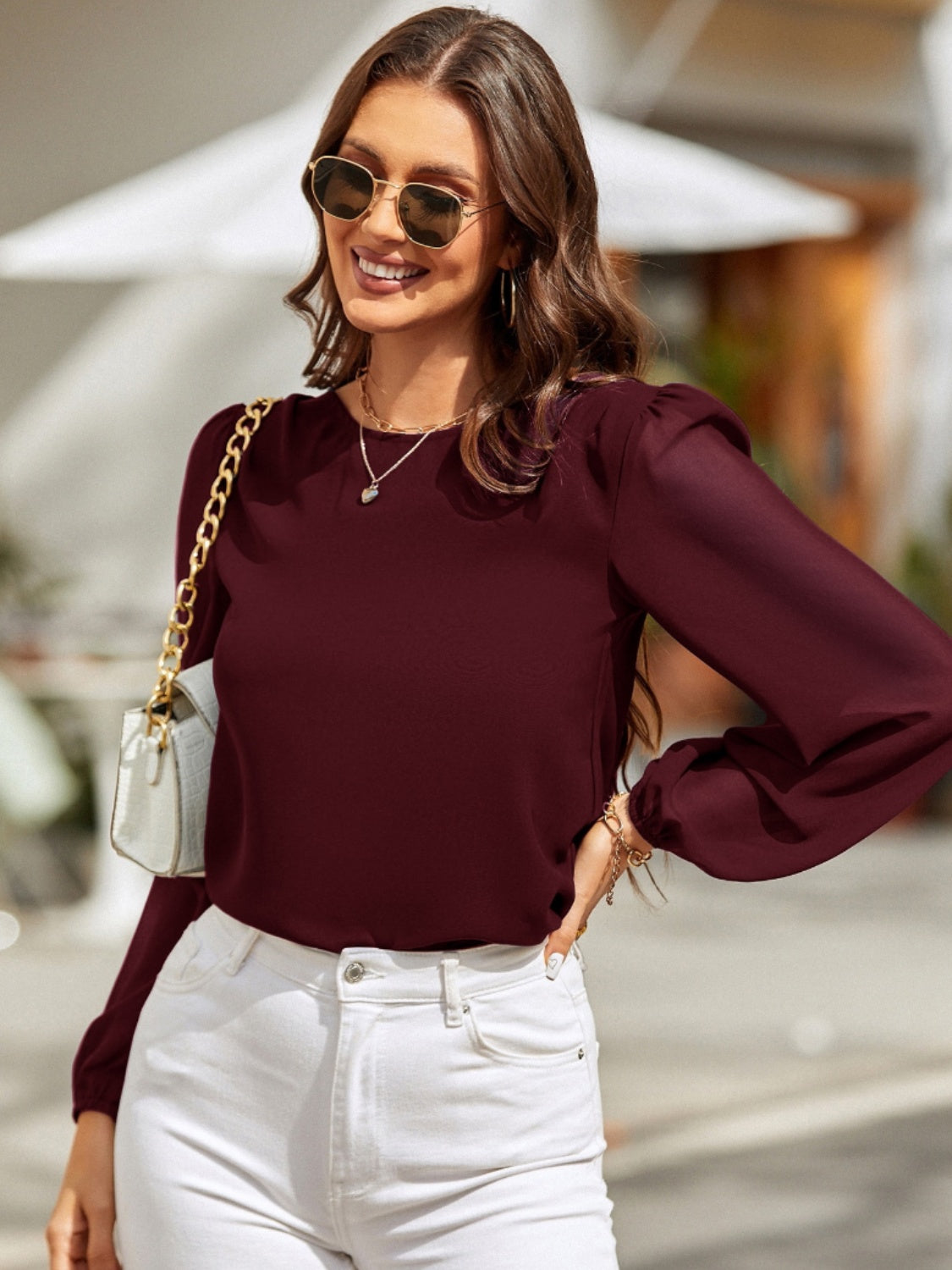 Round Neck Long Sleeve Blouse - The Boutie Shop