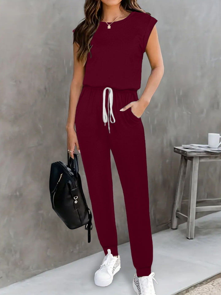 Drawstring Round Neck Sleeveless Jumpsuit - The Boutie Shop