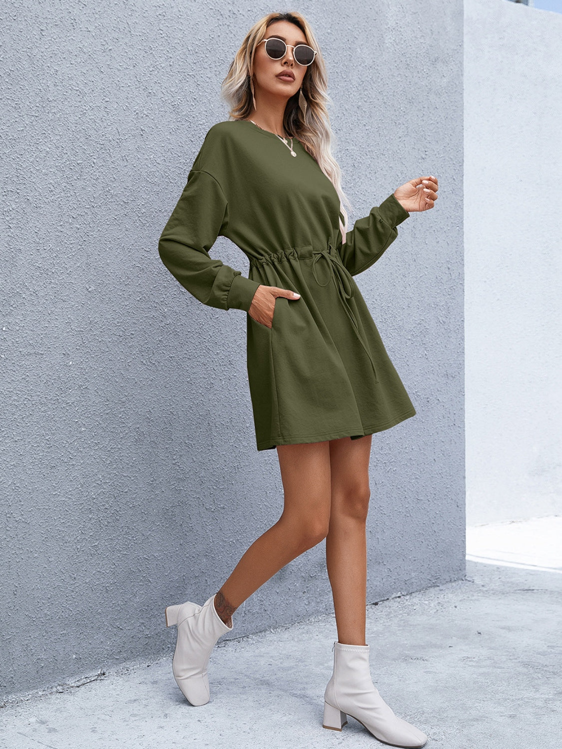 Ivy Lane Drawstring Round Neck Dropped Shoulder Mini Dress - The Boutie Shop