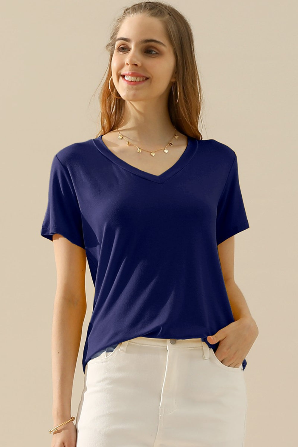 Ninexis Full Size V-Neck Short Sleeve T-Shirt - The Boutie Shop