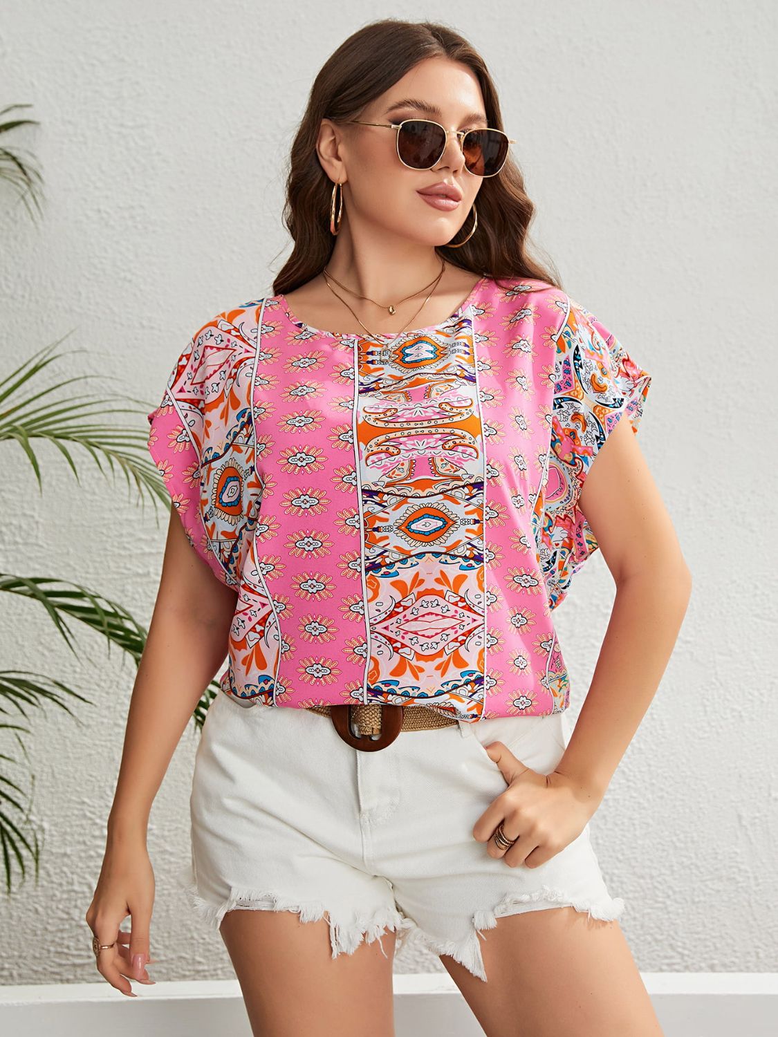 Honey Plus Size Printed Round Neck Blouse - The Boutie Shop