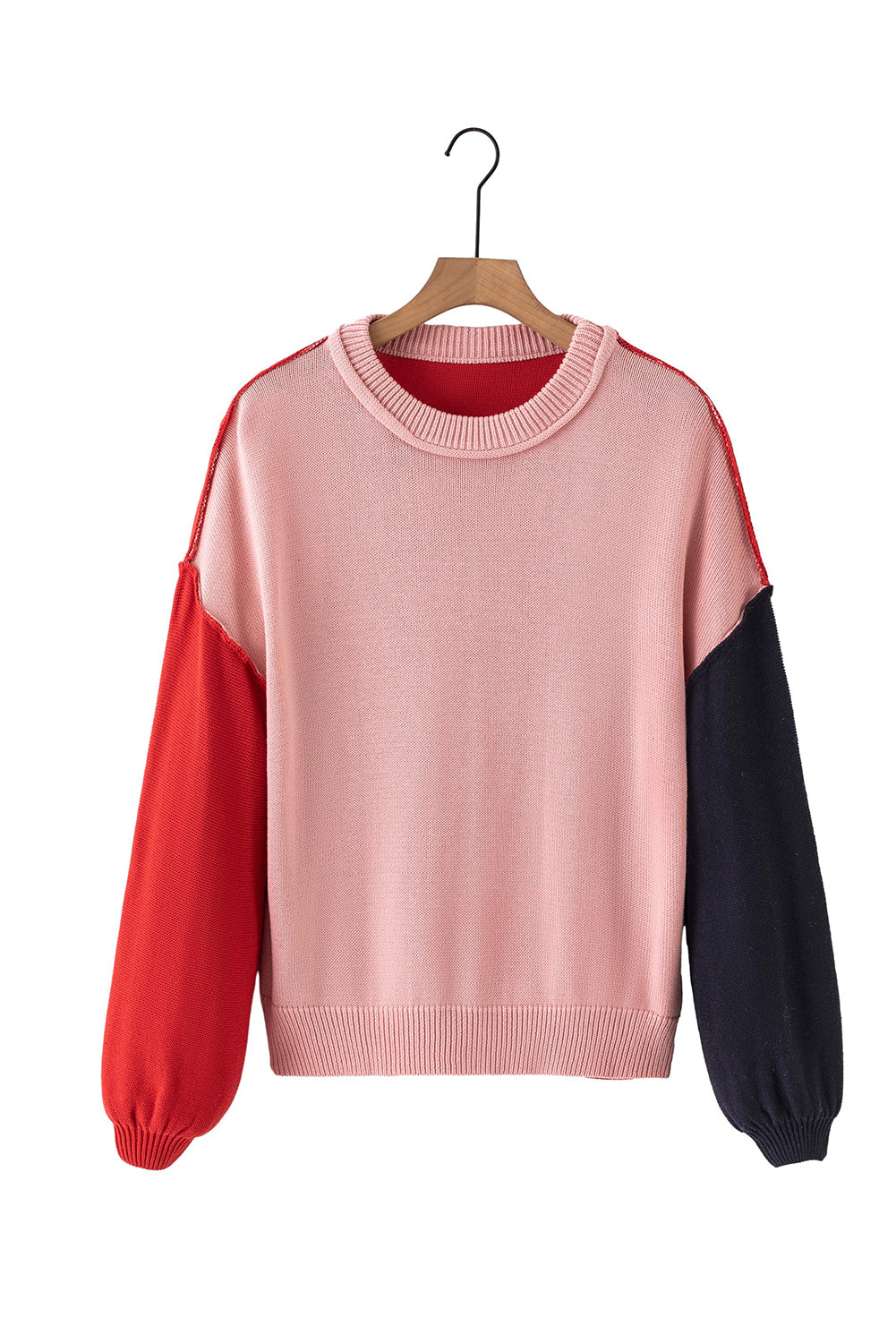 Contrast Round Neck Dropped Shoulder Sweater - The Boutie Shop