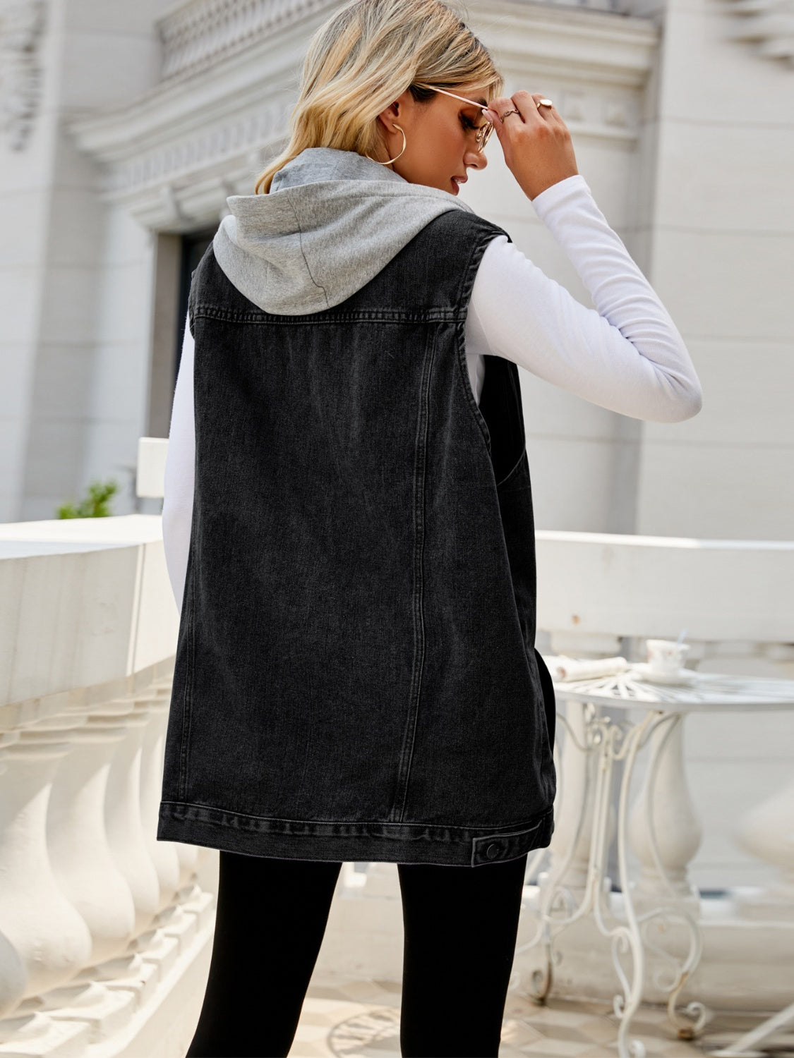 Drawstring Pocketed Button Up Sleeveless Denim Jacket - The Boutie Shop