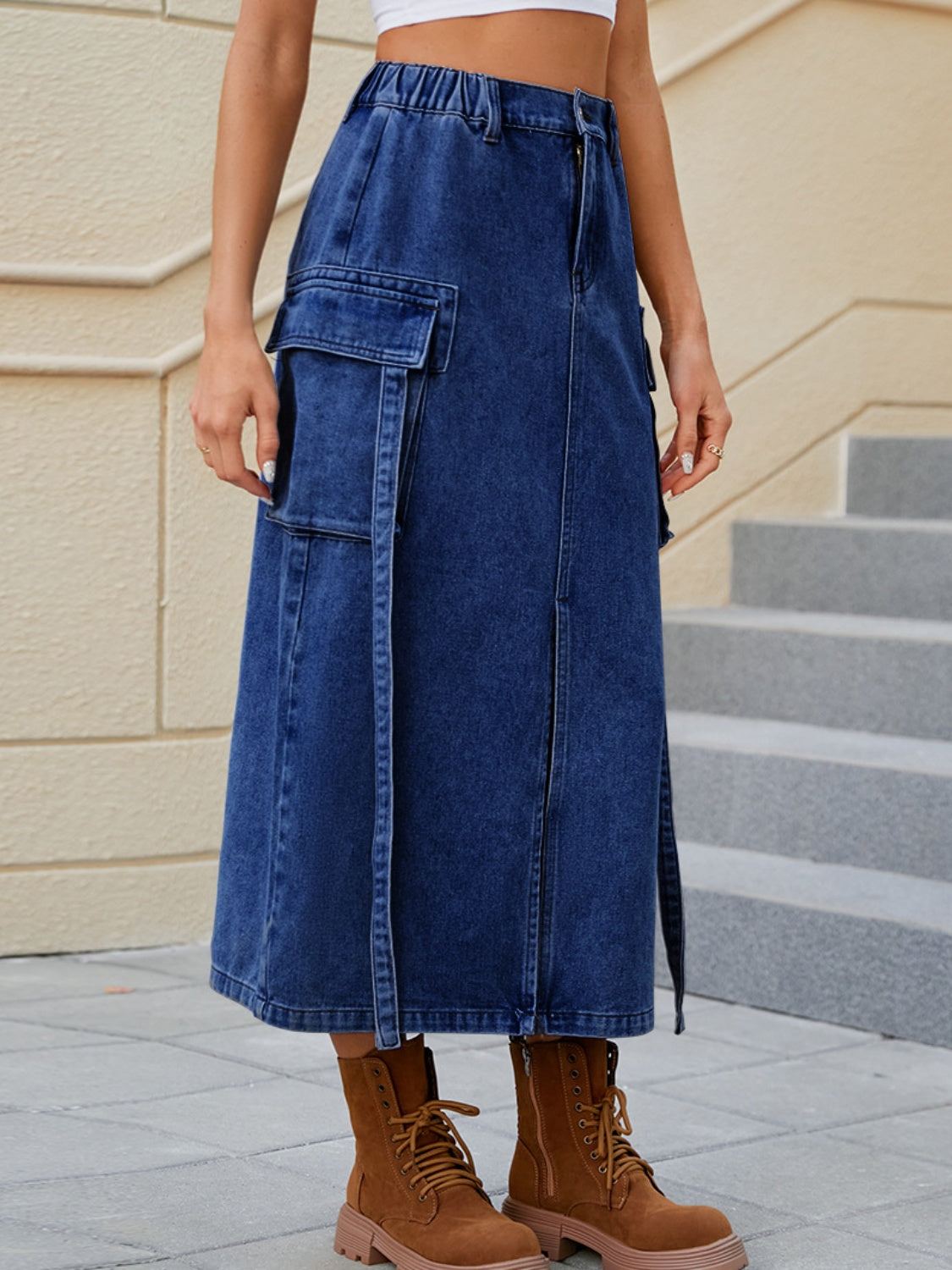 Slit Pocketed High Waist Denim Skirt - The Boutie Shop