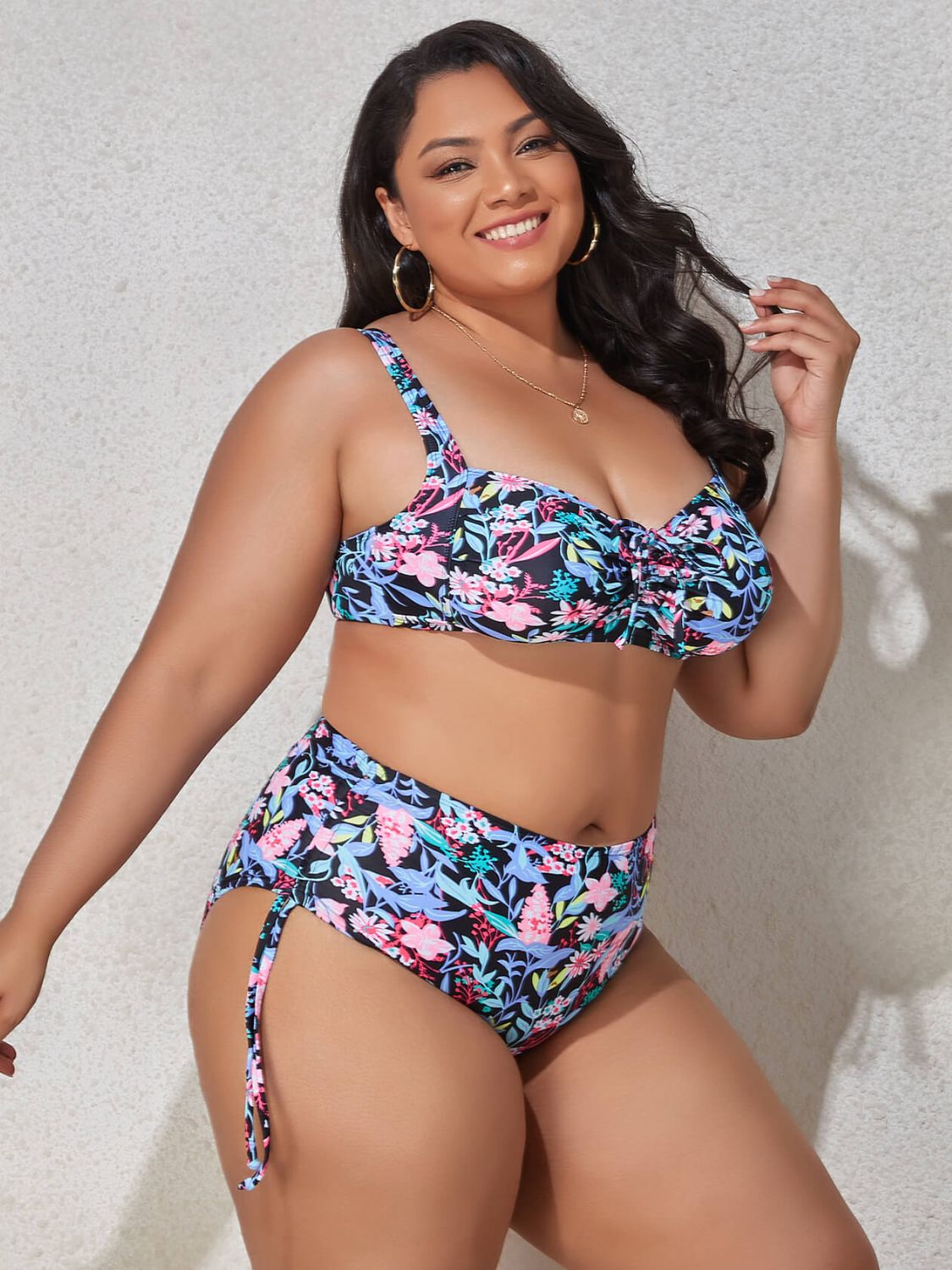 Plus Size Printed Drawstring Detail Bikini Set - The Boutie Shop