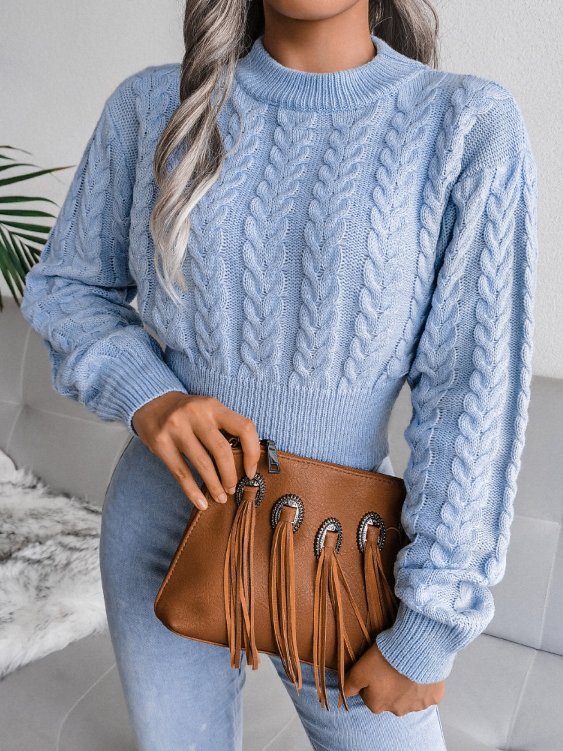 Cable-Knit Round Neck Sweater - The Boutie Shop