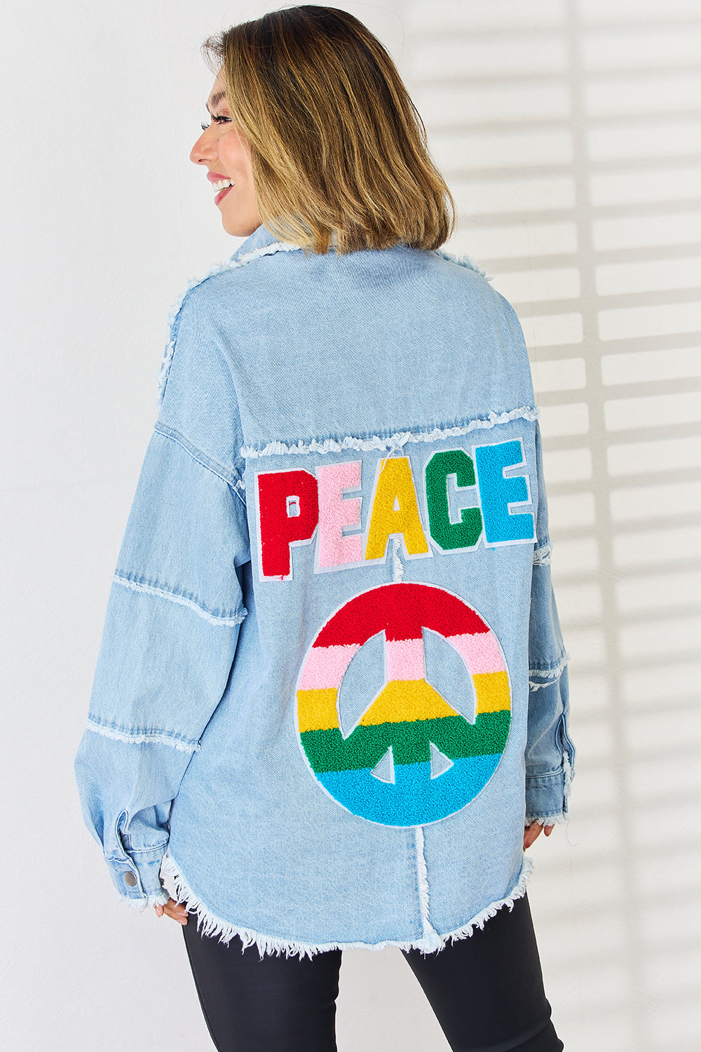 PEACE Raw Hem Dropped Shoulder Denim Top - The Boutie Shop