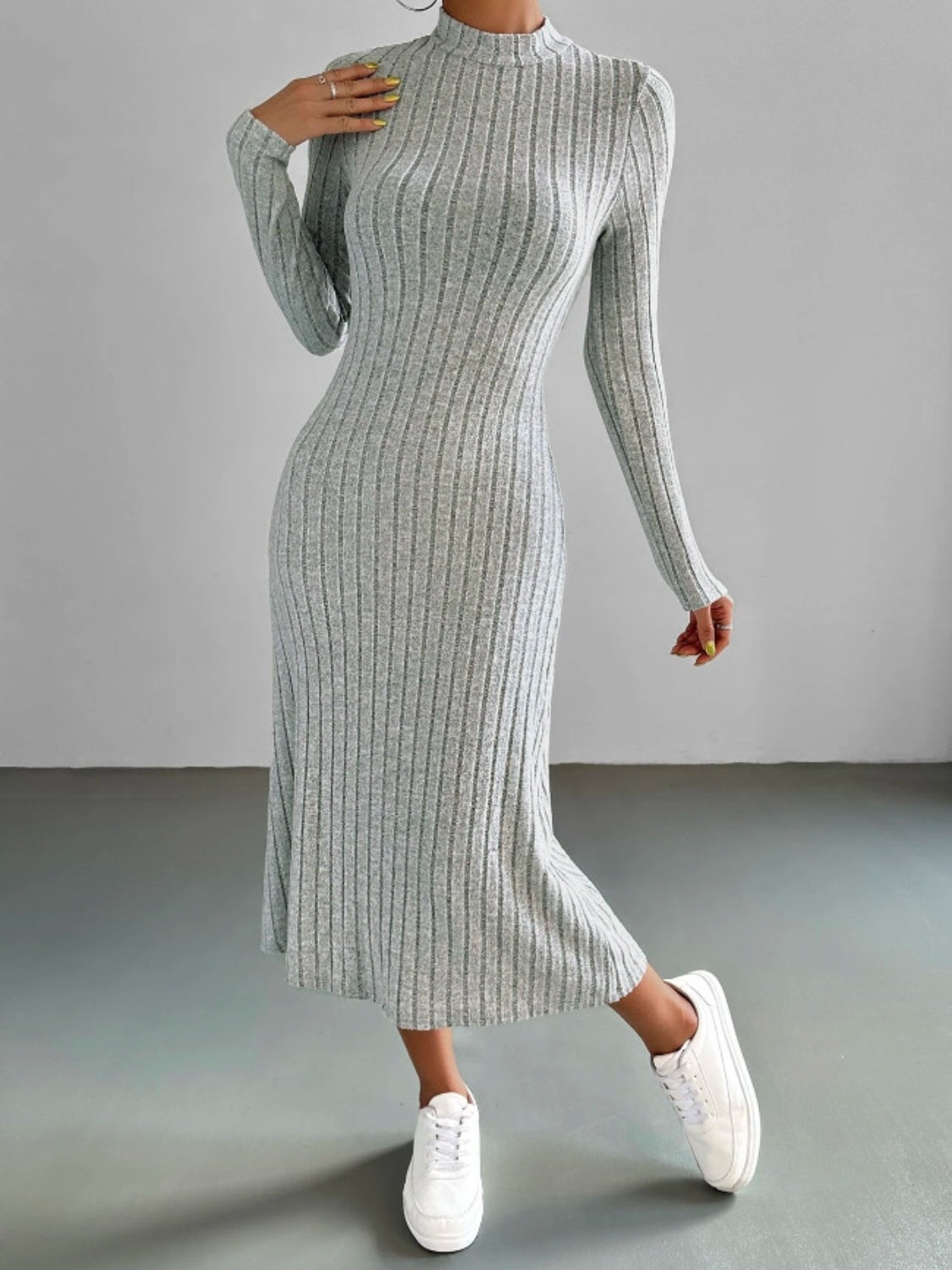 Ribbed Mock Neck Long Sleeve Midi Sweater Dress - The Boutie Shop