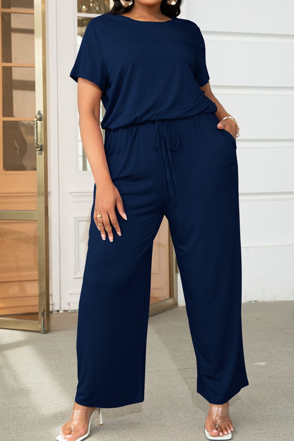 Plus Size Drawstring Waist Short Sleeve Jumpsuit - The Boutie Shop