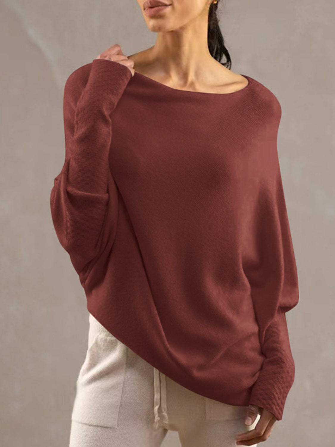 Full Size Boat Neck Batwing Sleeve Knit Top - The Boutie Shop