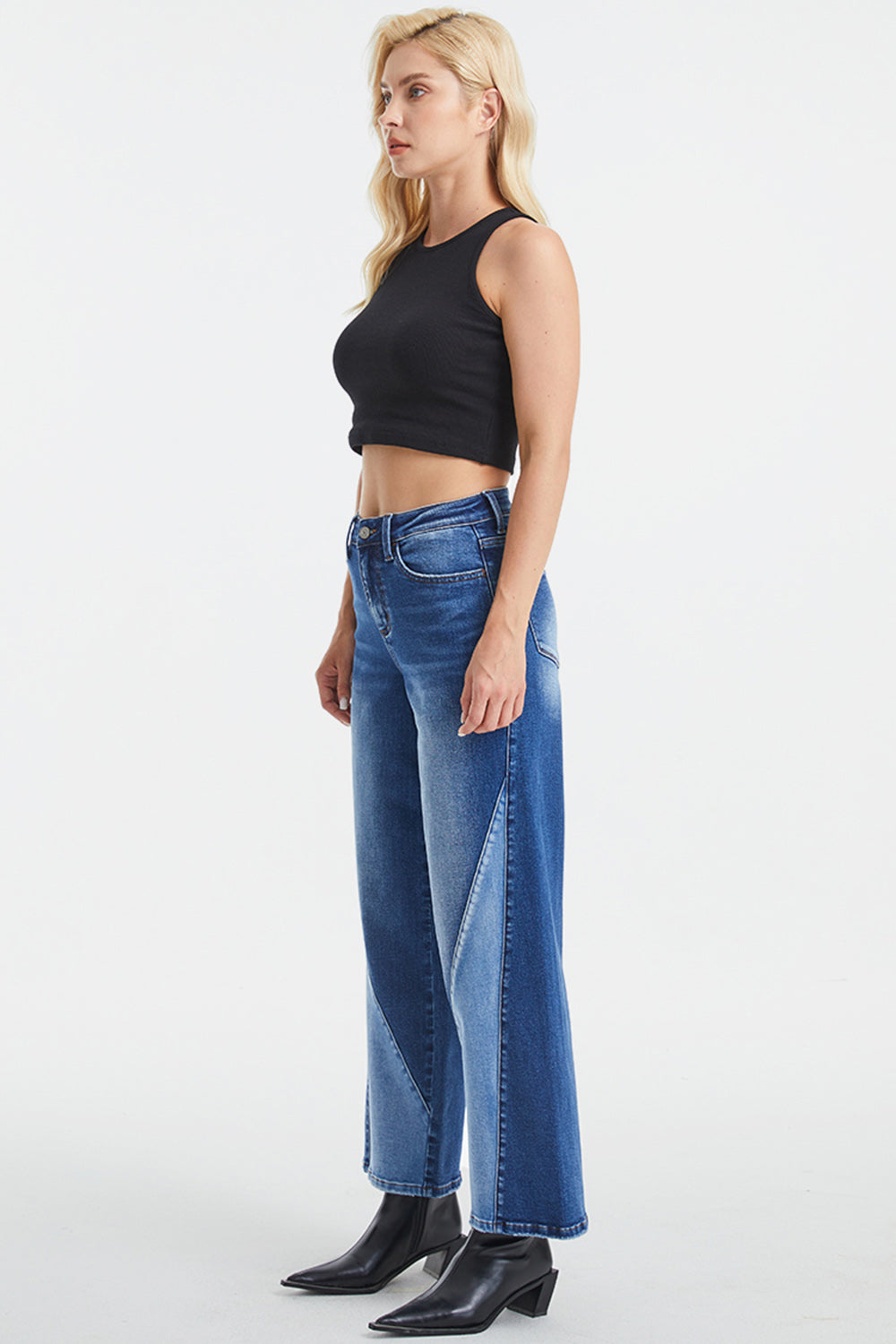 BAYEAS Full Size High Waist Two-Tones Patched Wide Leg Jeans - The Boutie Shop