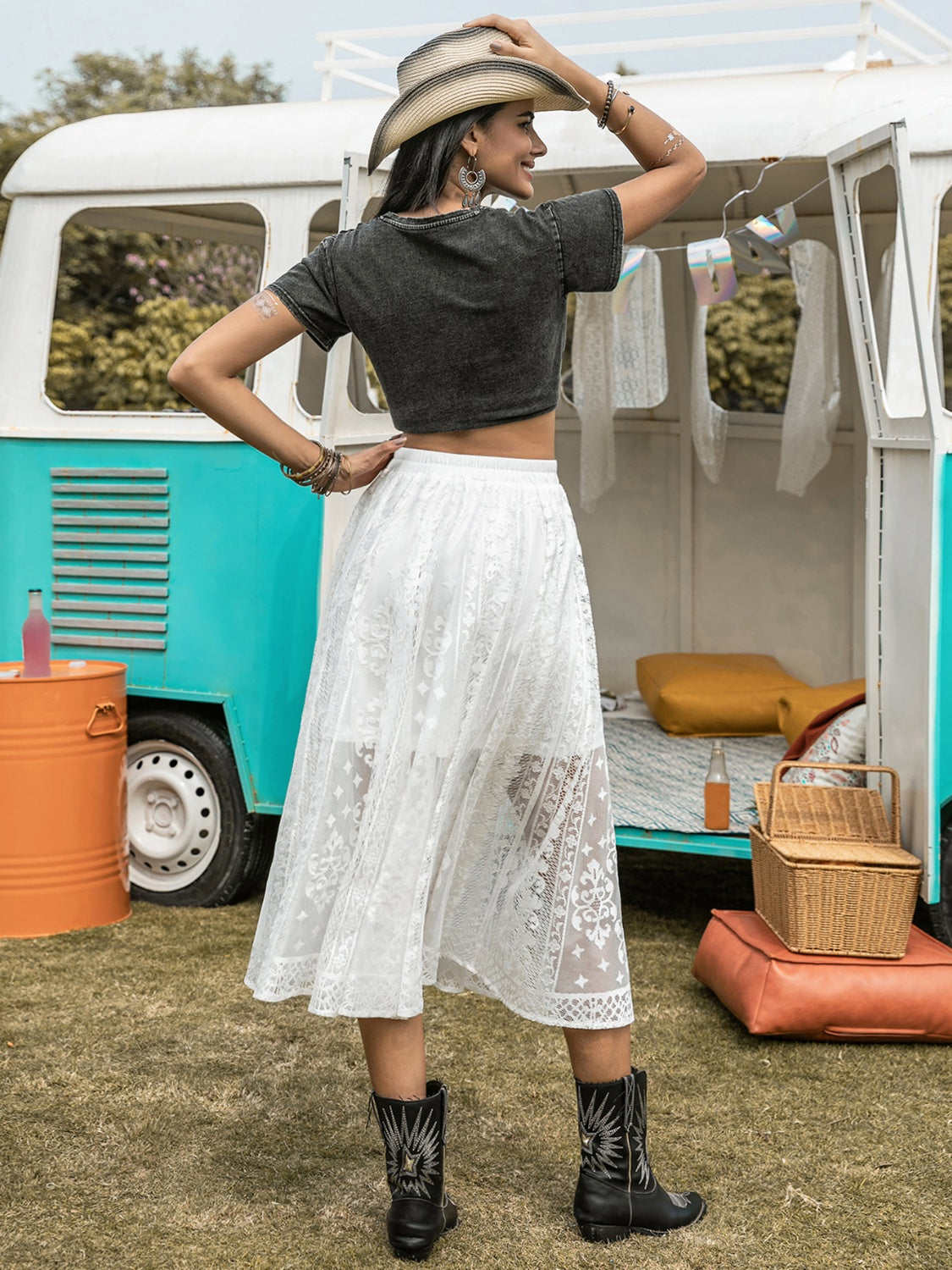 Embroidered Elastic Waist Skirt - The Boutie Shop