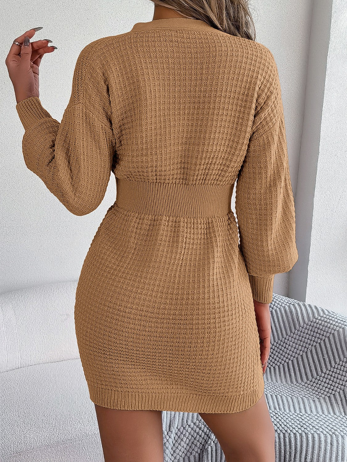 Buttoned Cable-Knit V-Neck Sweater Dress - The Boutie Shop