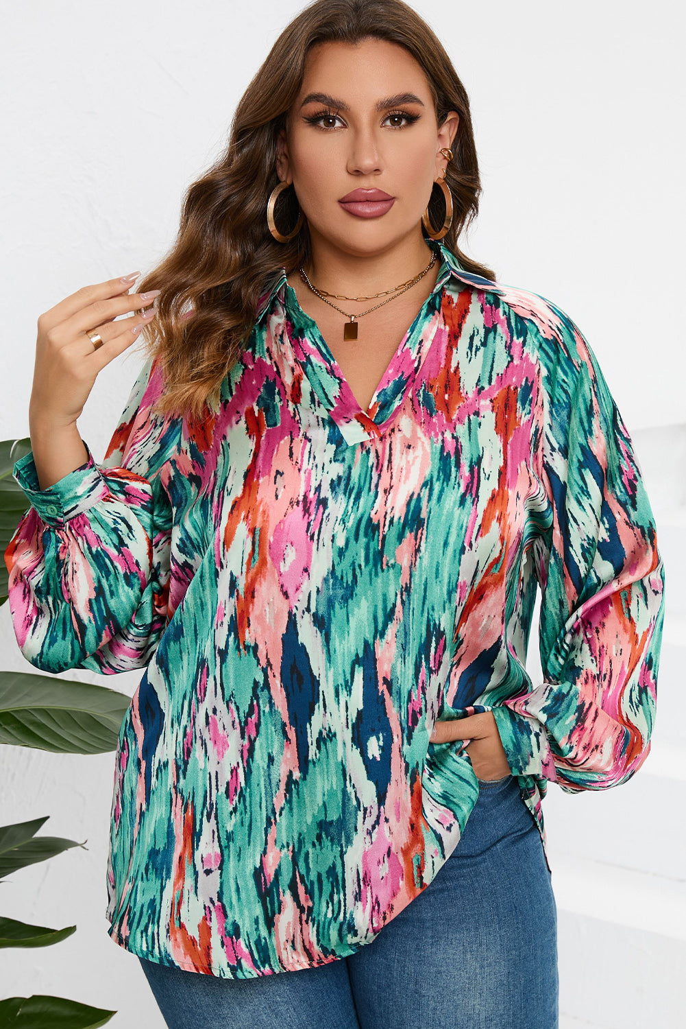 Plus Size Printed Johnny Collar Long Sleeve Blouse - The Boutie Shop