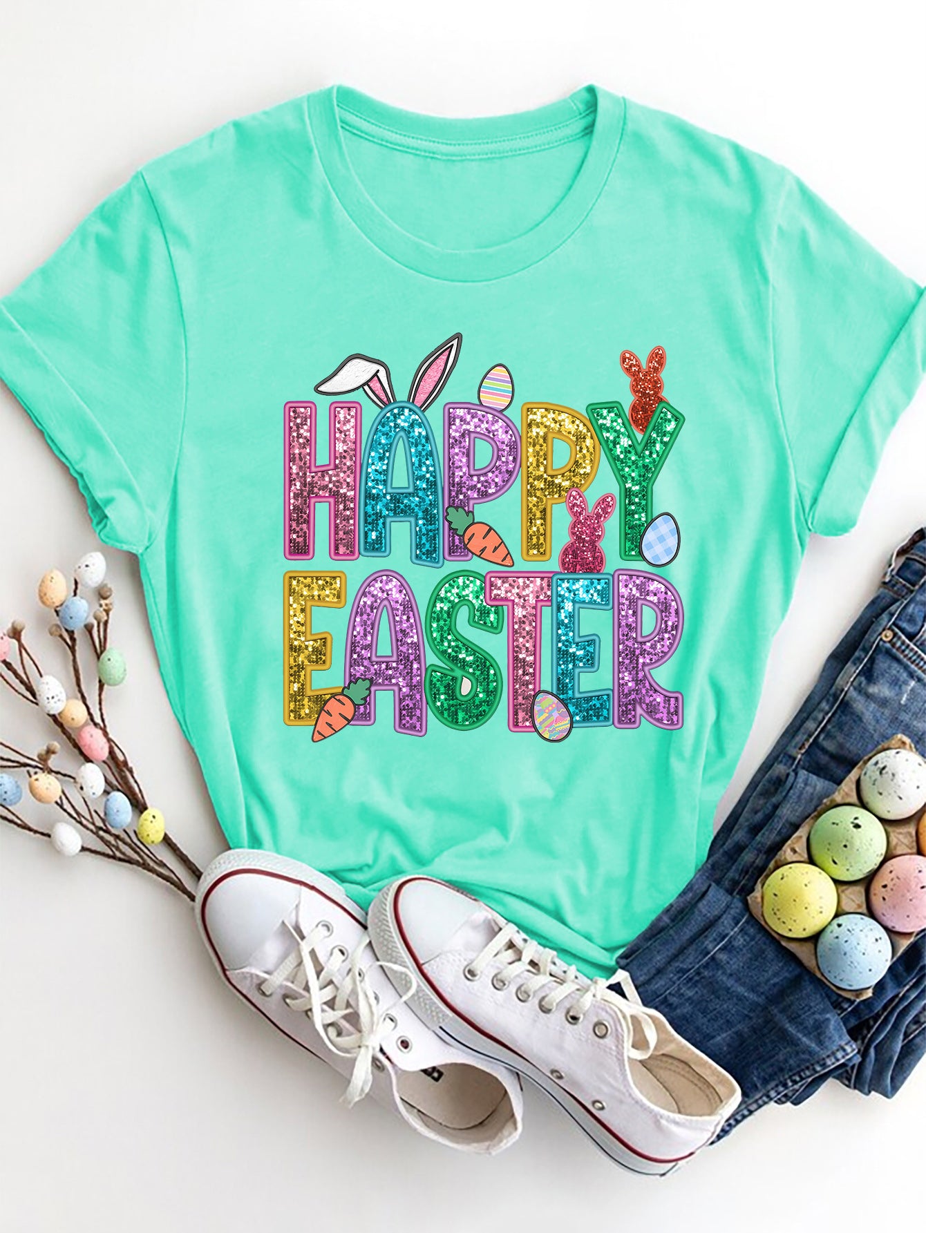 HAPPY EASTER Round Neck Short Sleeve T-Shirt - The Boutie Shop