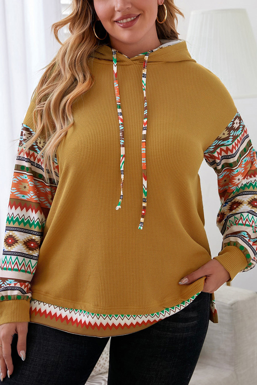 Plus Size Waffle-Knit Geometric Dropped Shoulder Hoodie - The Boutie Shop