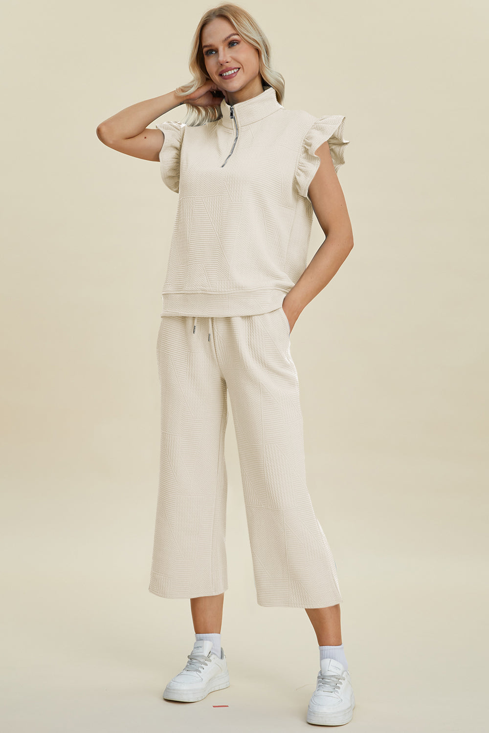 Double Take Full Size Texture Ruffle Short Sleeve Top and Wide Leg Pants Set - The Boutie Shop