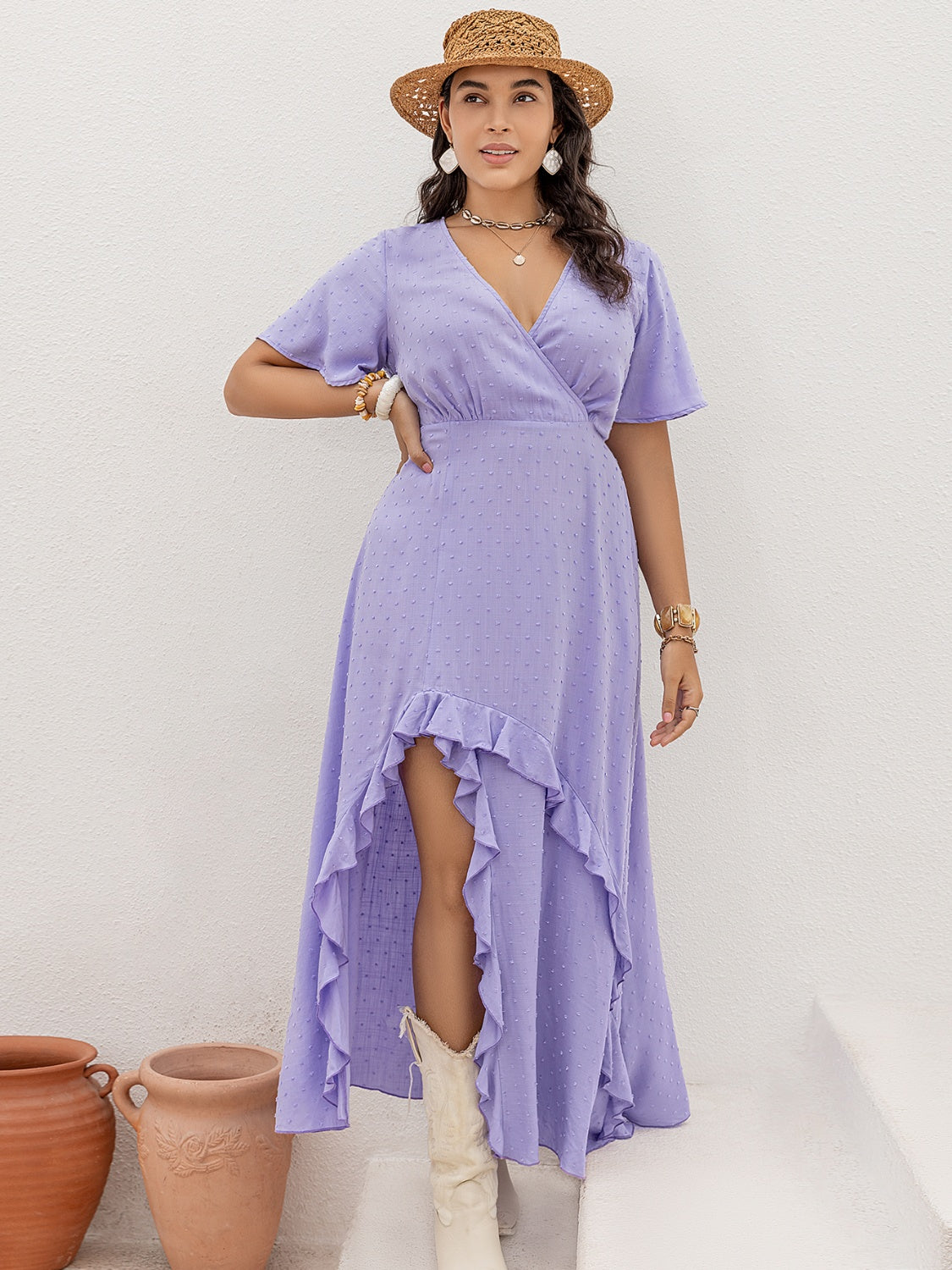 Plus Size Swiss Dot High-Low Surplice Dress - The Boutie Shop