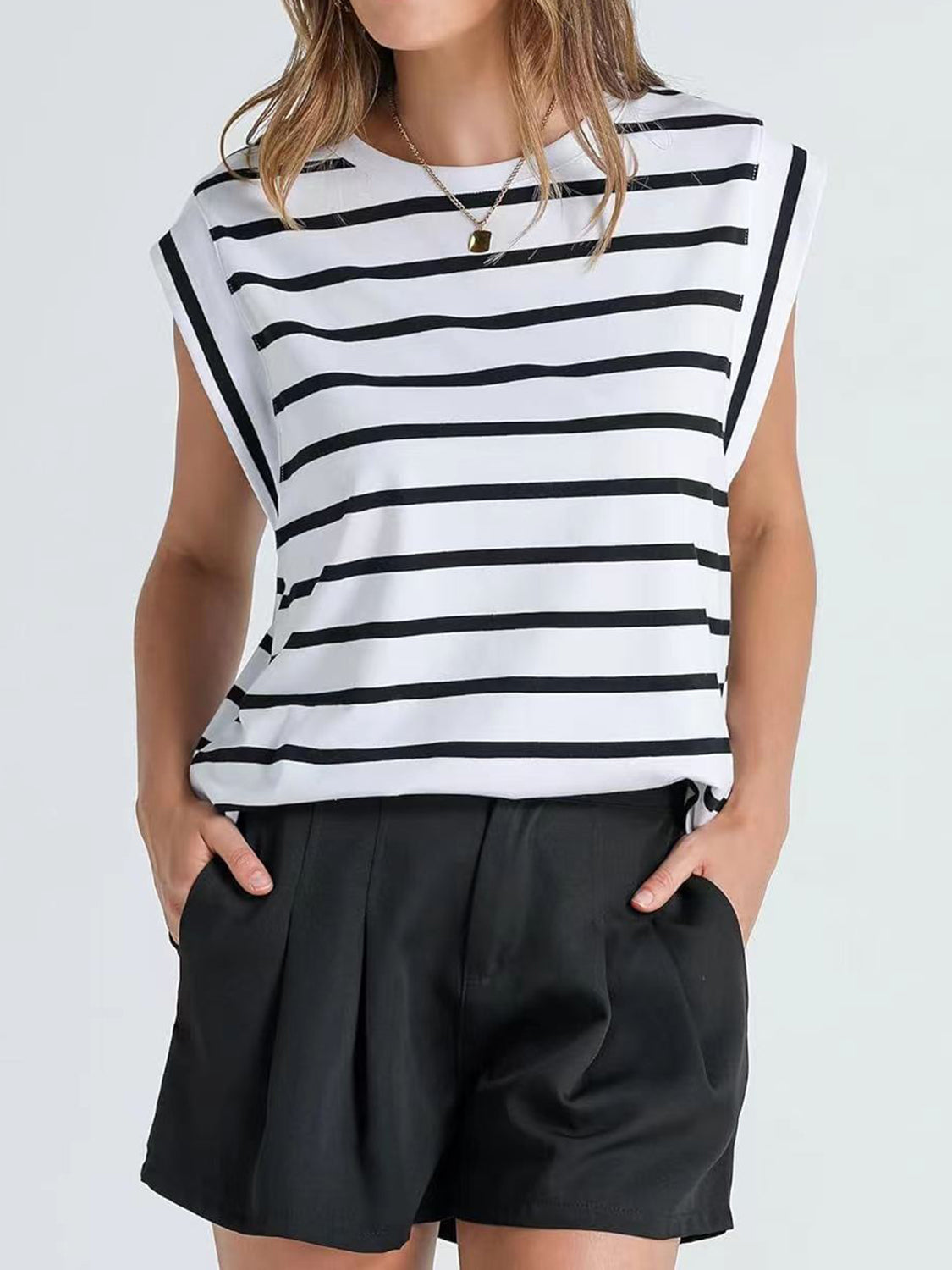 Striped Round Neck Cap Sleeve T-Shirt - The Boutie Shop